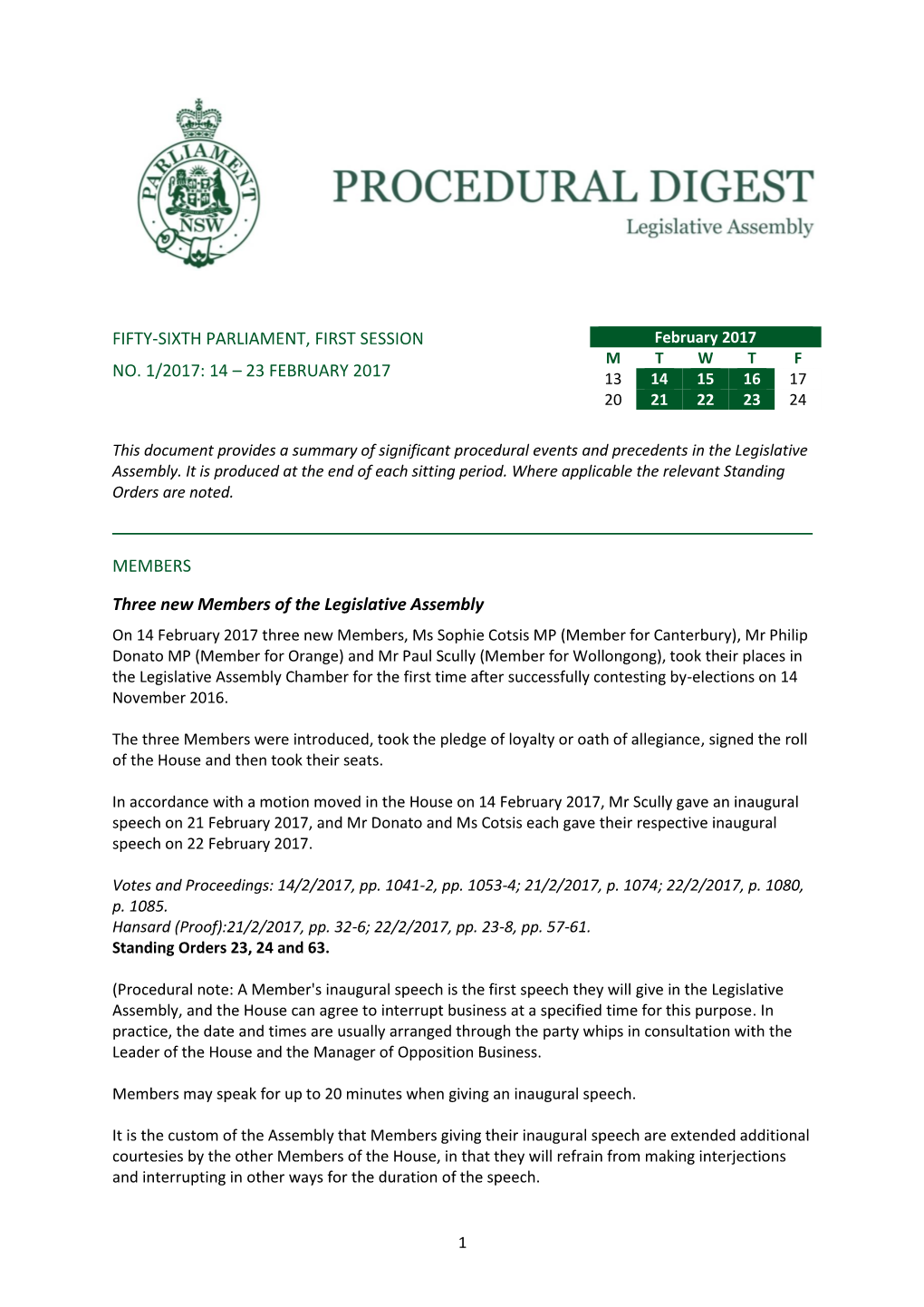 Fifty-Sixth Parliament, First Session No. 1/2017: 14 – 23