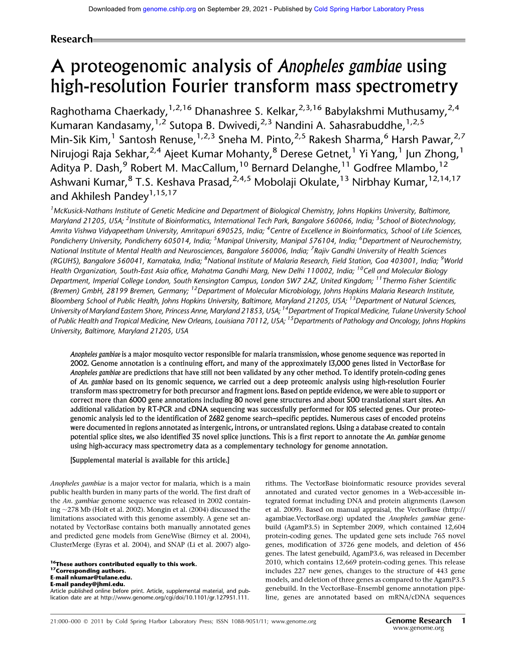 A Proteogenomic Analysis of Anopheles Gambiae Using High-Resolution Fourier Transform Mass Spectrometry