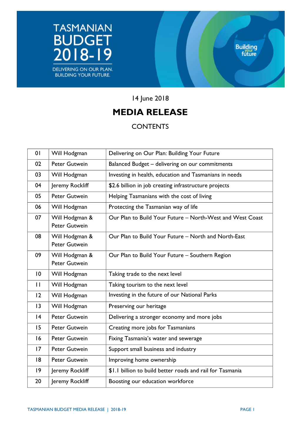 Media Release Contents