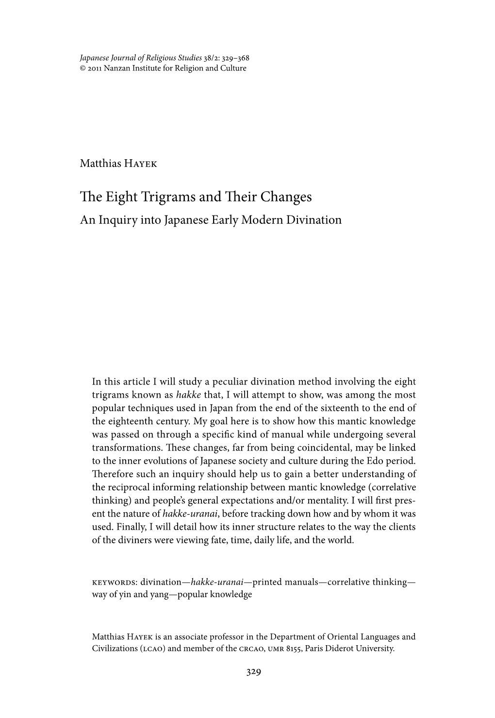 The Eight Trigrams and Their Changes an Inquiry Into Japanese Early Modern Divination