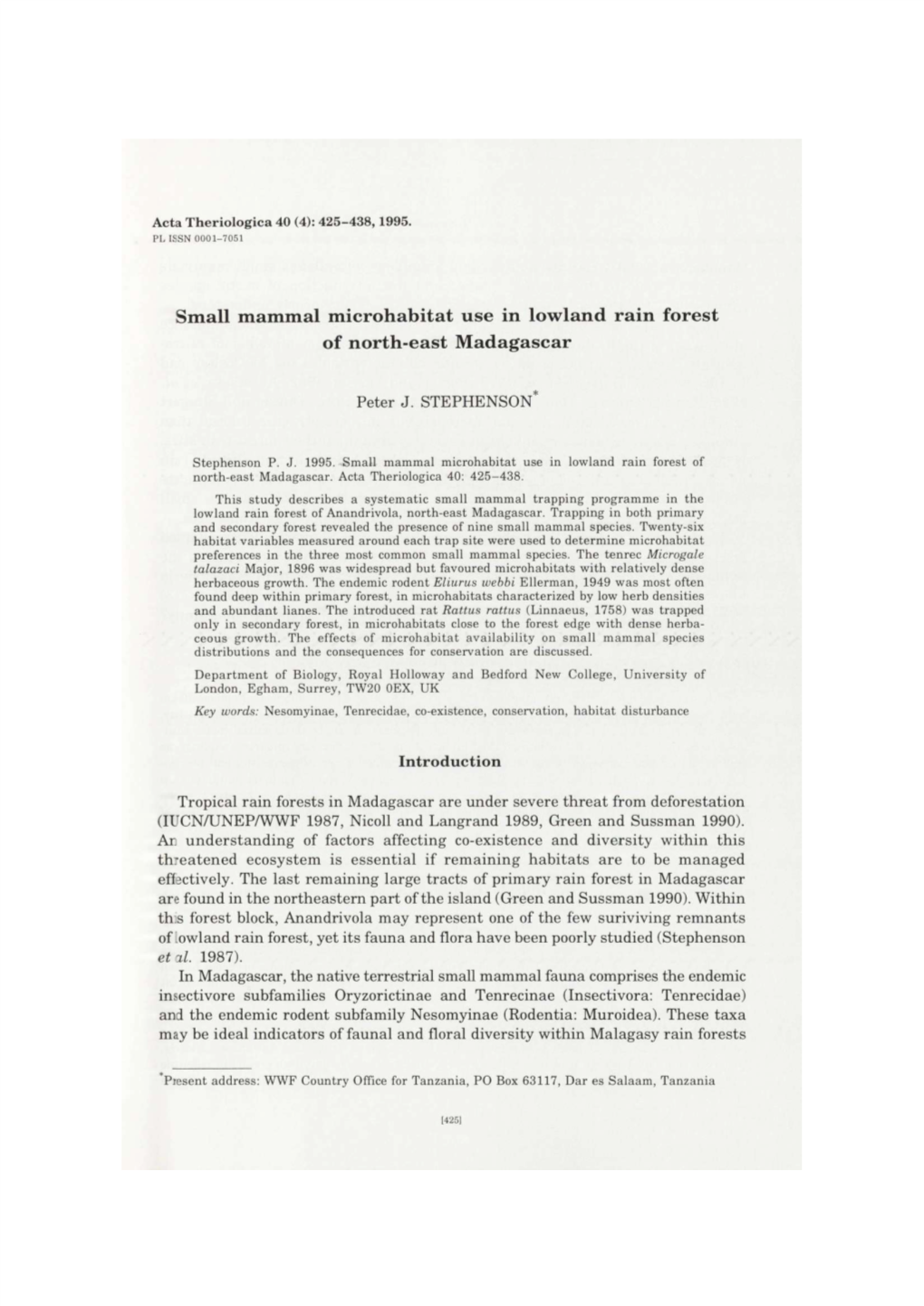 Small Mammal Microhabitat Use in Lowland Rain Forest of North-East Madagascar