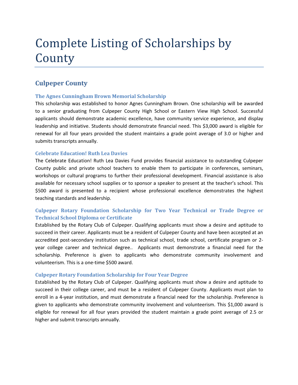 Complete Listing of Scholarships by County