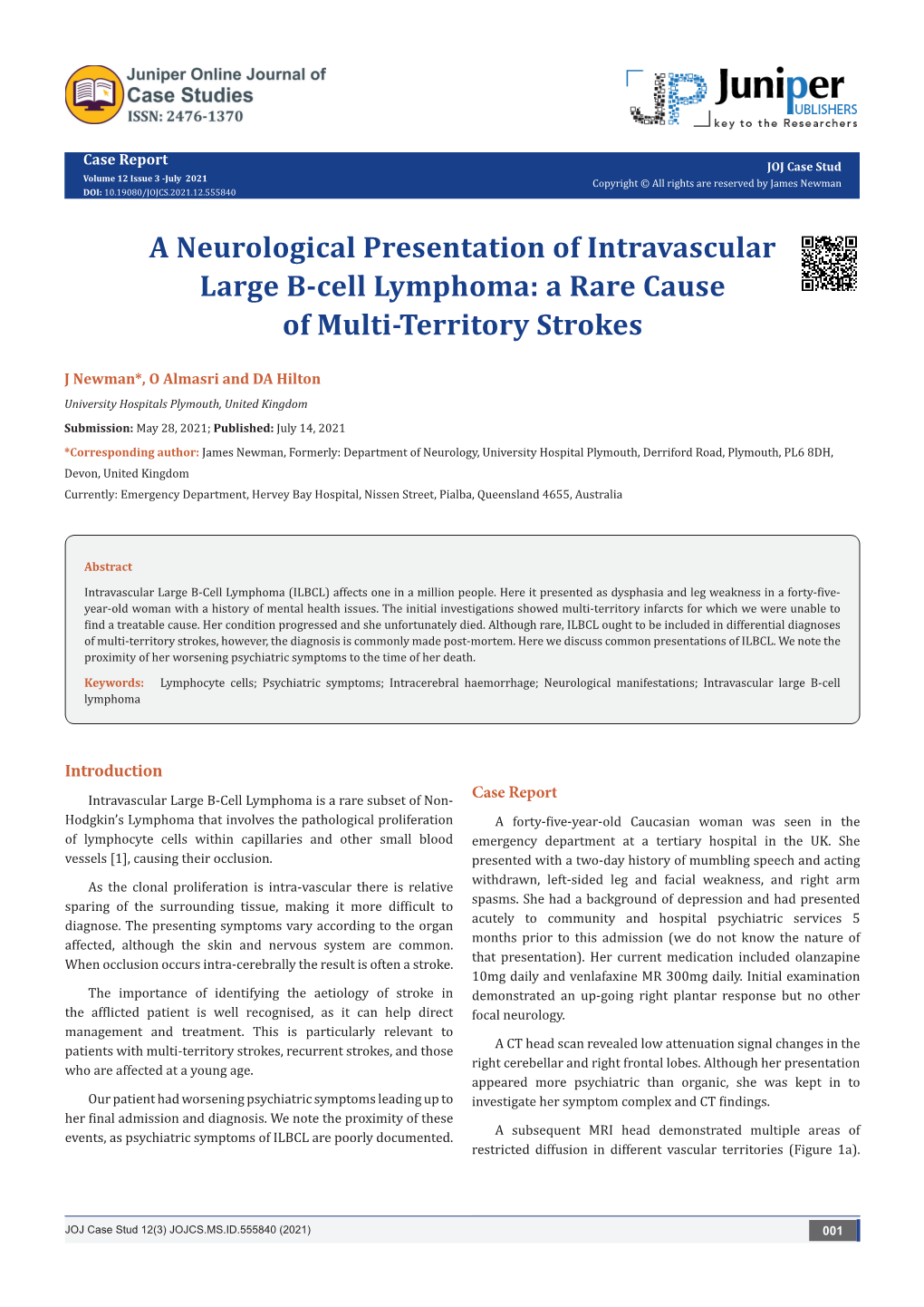 A Neurological Presentation of Intravascular Large B-Cell Lymphoma: a Rare Cause of Multi-Territory Strokes