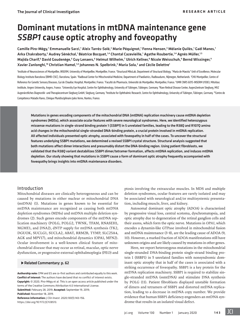 Dominant Mutations in Mtdna Maintenance Gene SSBP1 Cause Optic Atrophy and Foveopathy