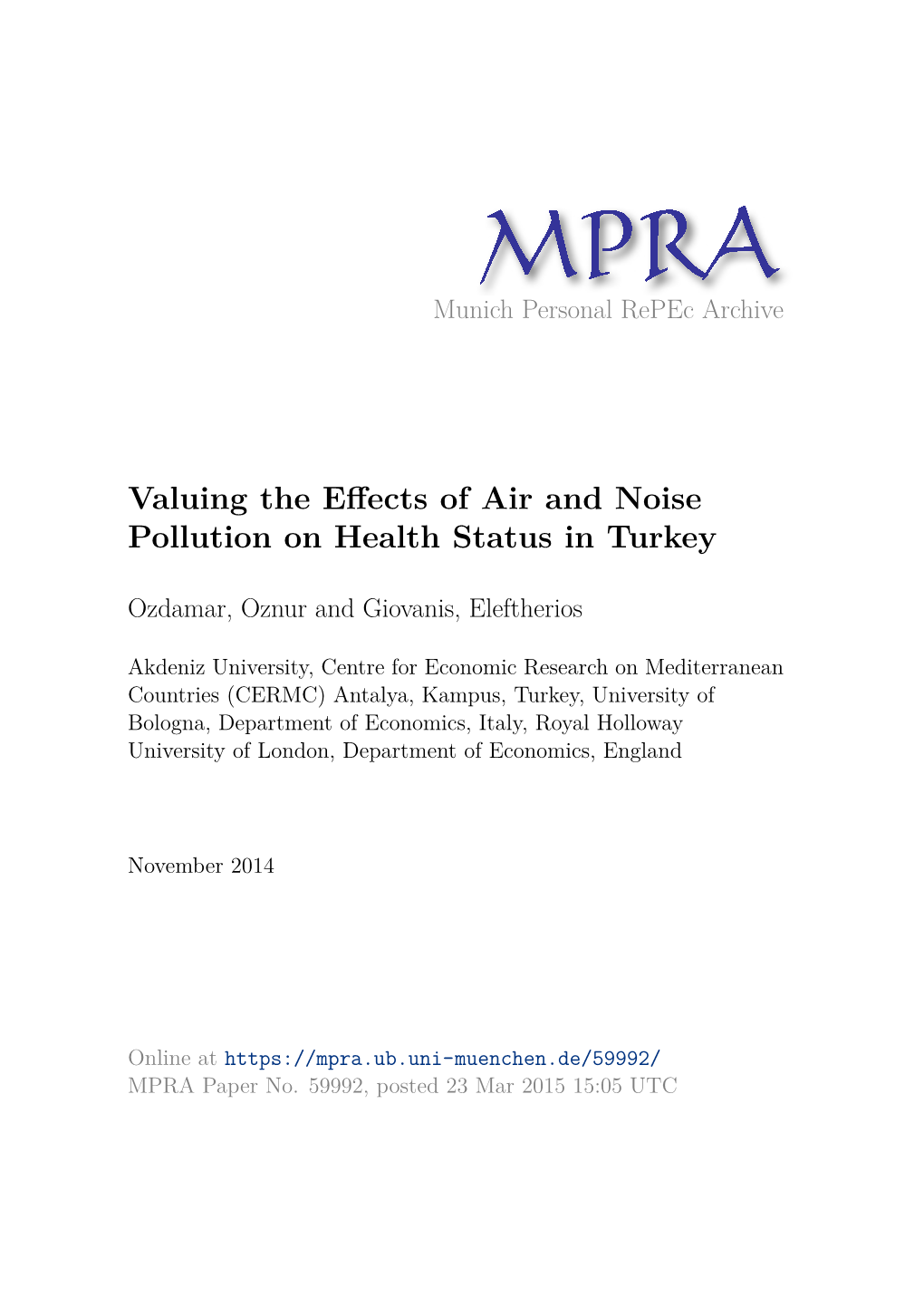 Valuing the Effects of Air and Noise Pollution on Health Status in Turkey