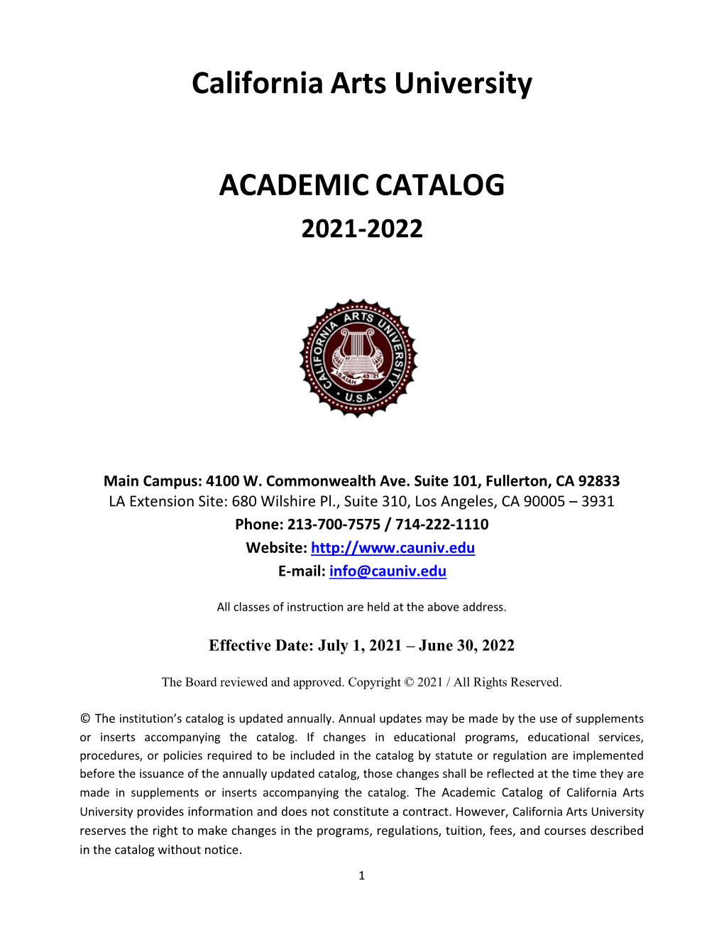 California Arts University ACADEMIC CATALOG