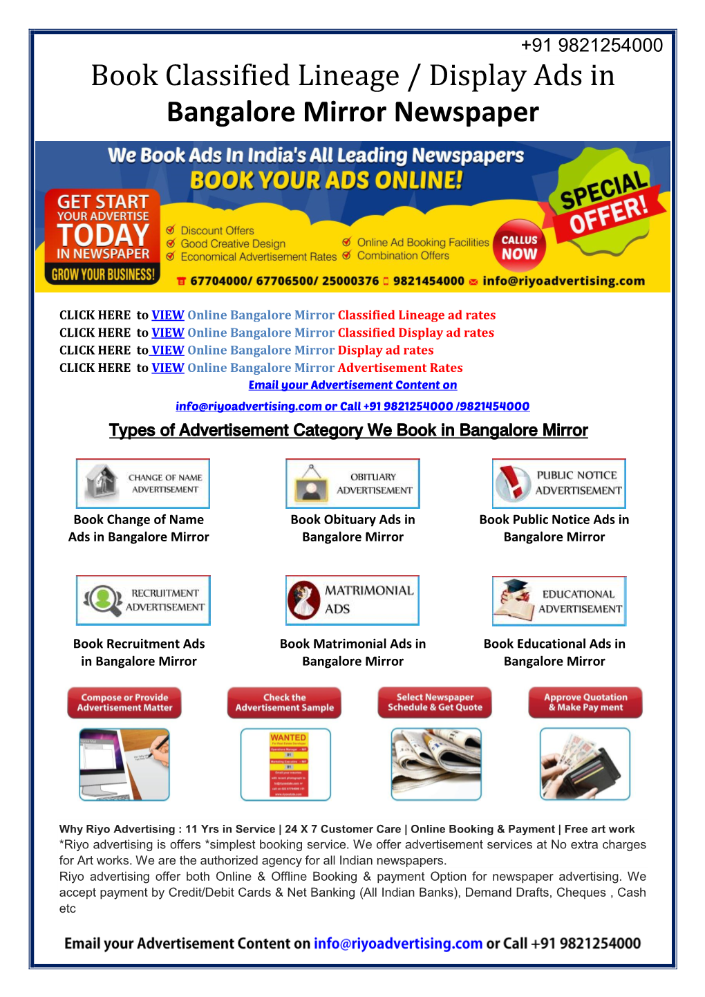 Book Classified Lineage / Display Ads in Bangalore Mirror Newspaper