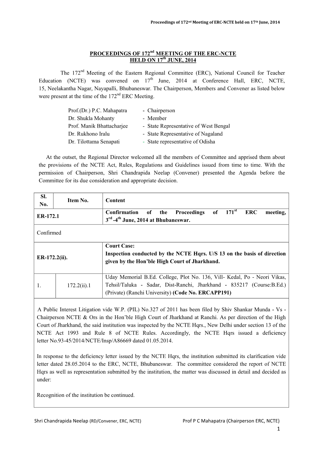 Proceedings of 172Nd Meeting of ERC-NCTE Held on 17Th June, 2014