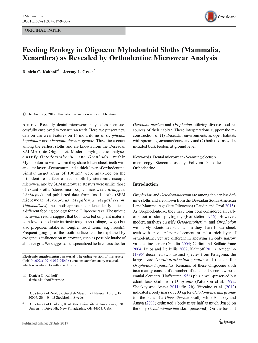 Feeding Ecology in Oligocene Mylodontoid Sloths (Mammalia, Xenarthra) As Revealed by Orthodentine Microwear Analysis