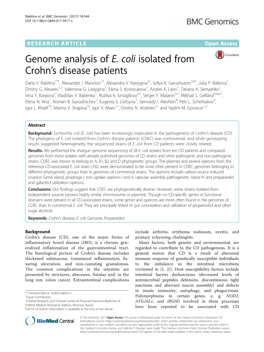 Genome Analysis of E. Coli Isolated from Crohn's Disease Patients