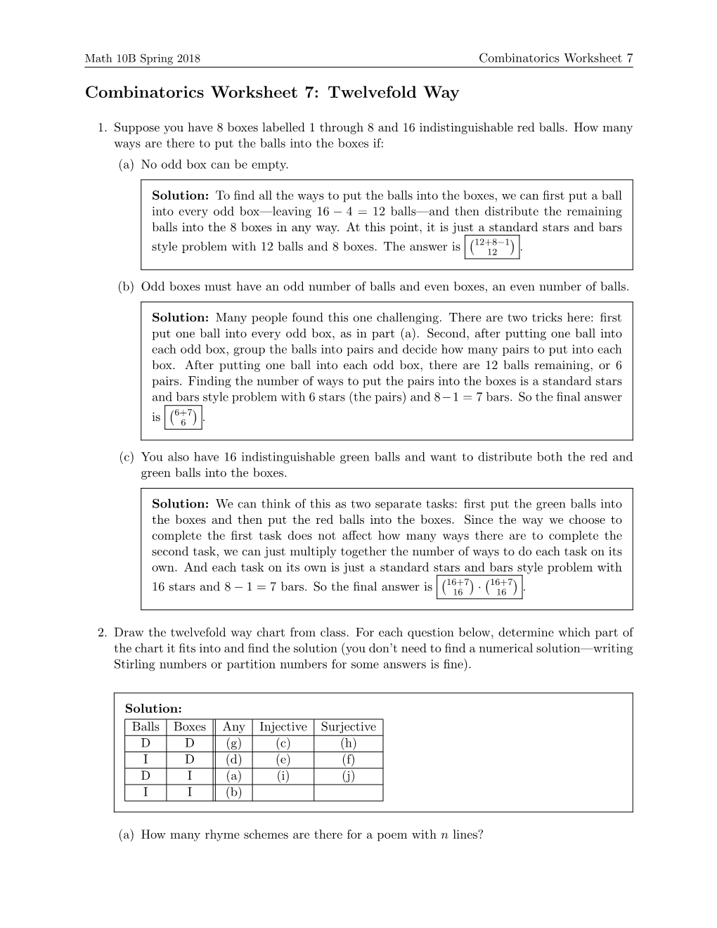 Combinatorics Worksheet 7: Twelvefold Way