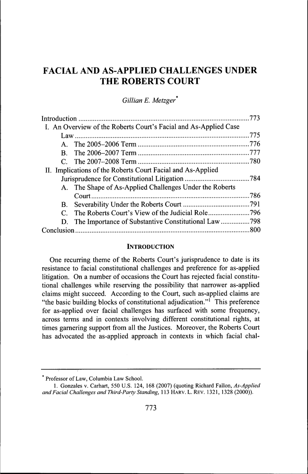 Facial and As-Applied Challenges Under the Roberts Court