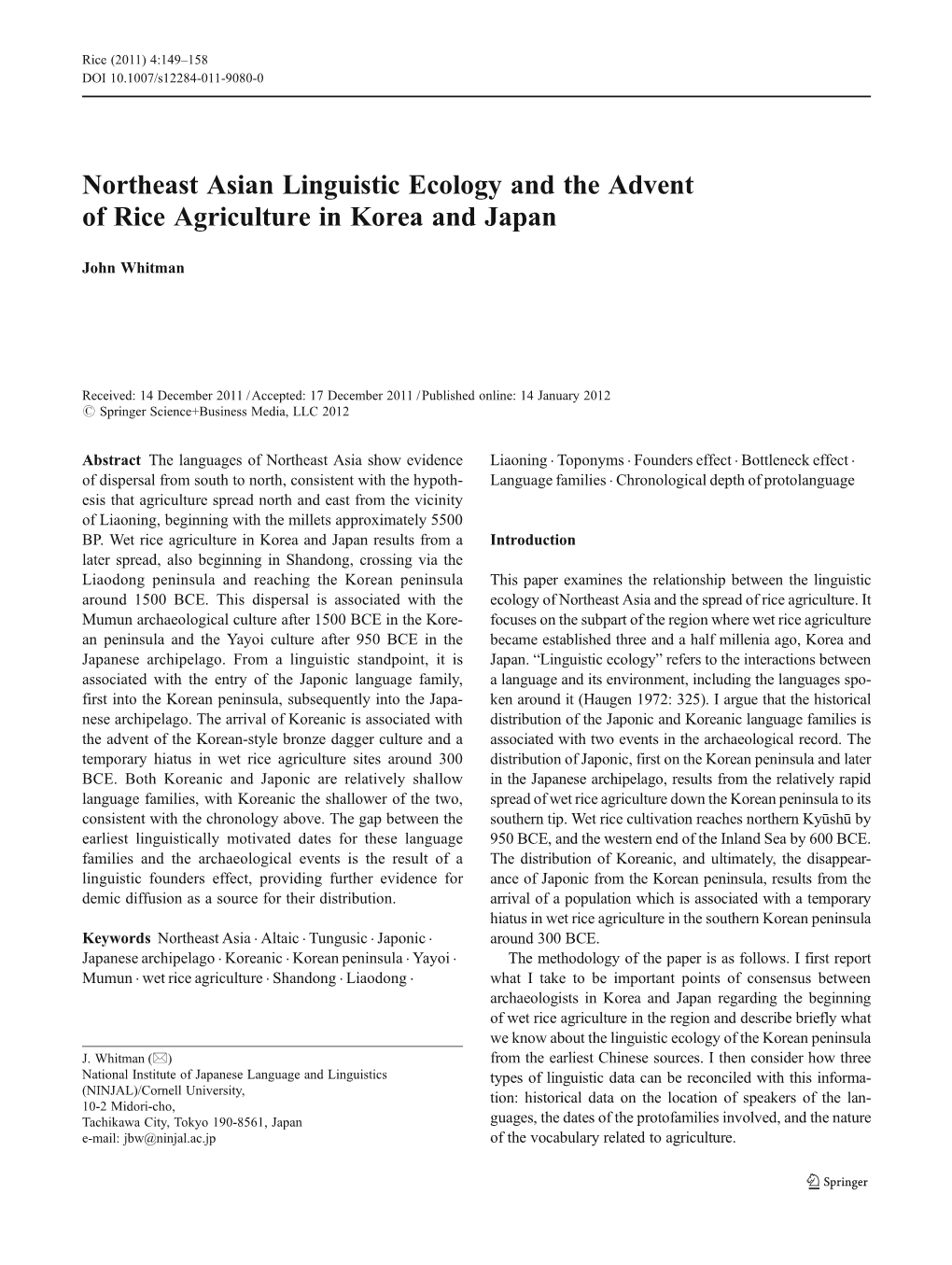 Northeast Asian Linguistic Ecology and the Advent of Rice Agriculture in Korea and Japan