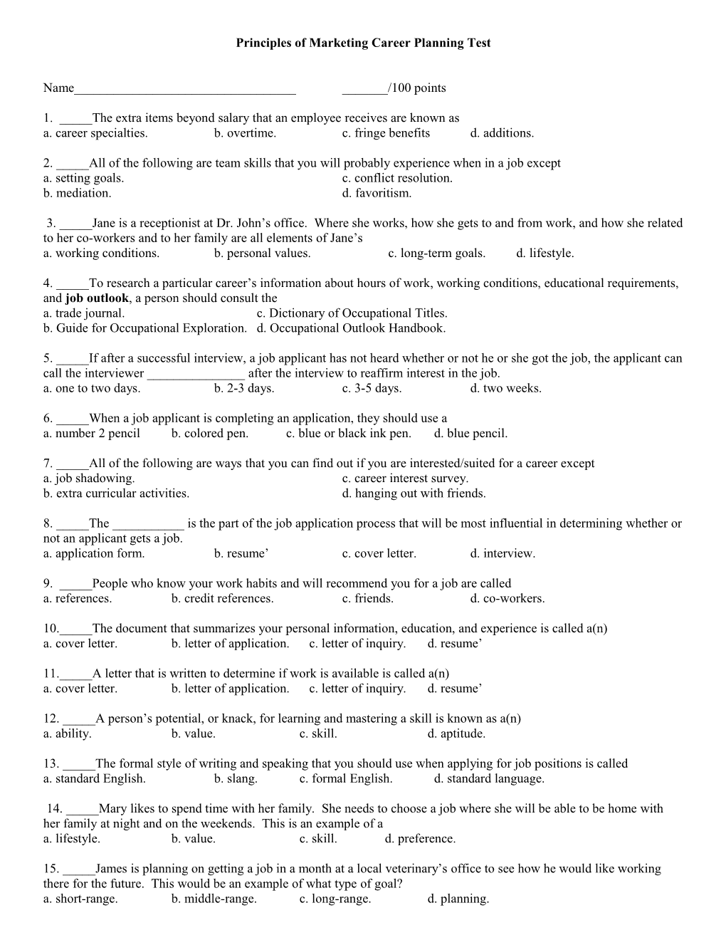 Principles of Marketing Career Planning Test