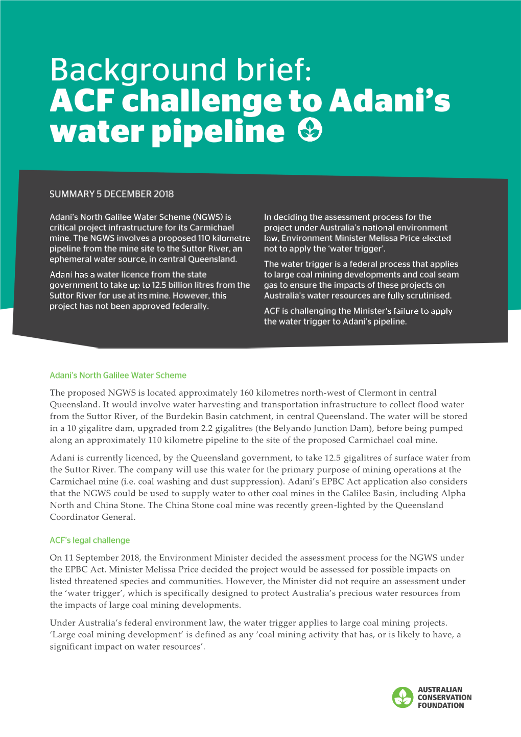 The Proposed NGWS Is Located Approximately 160 Kilometres North-West of Clermont in Central Queensland