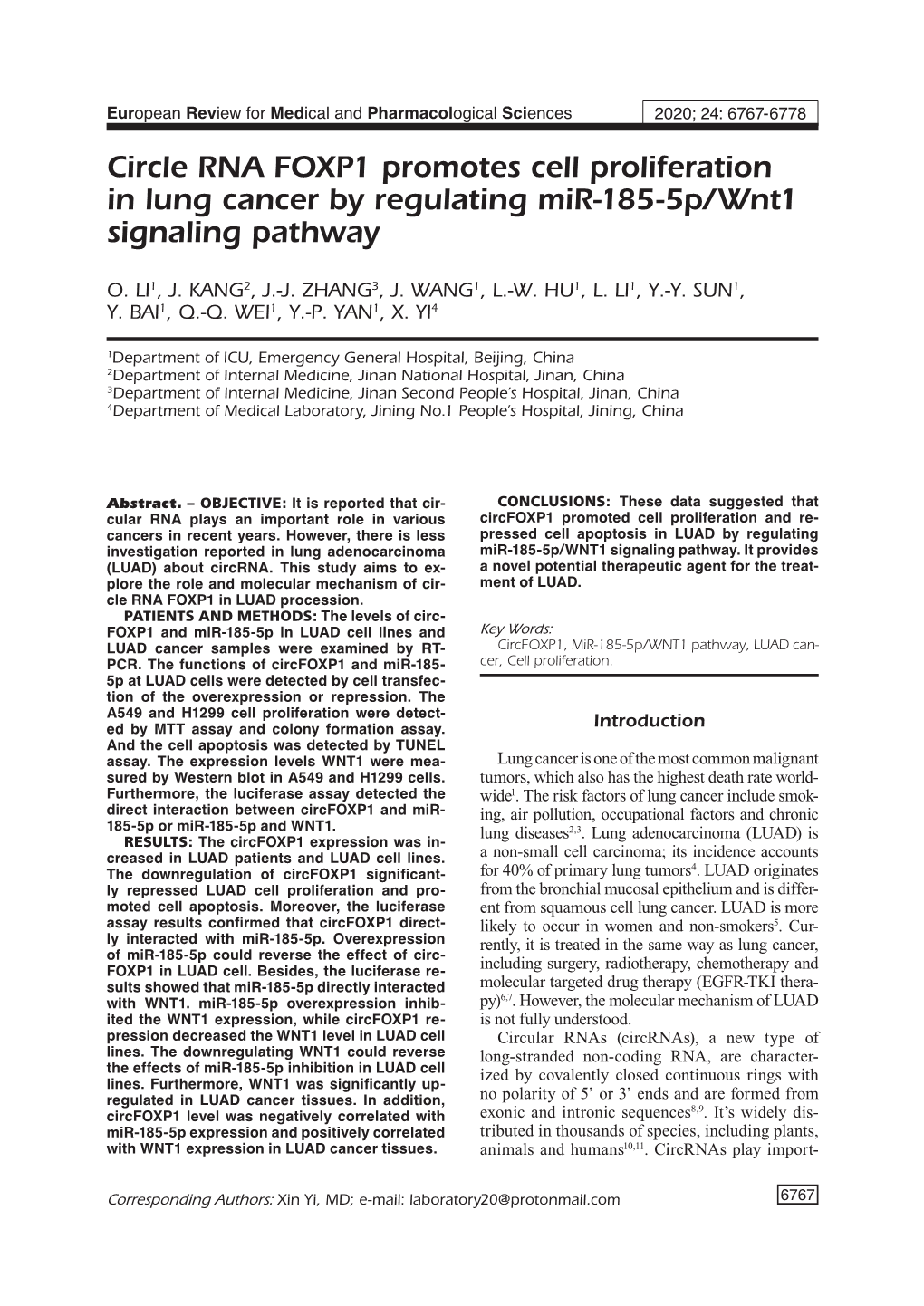 Circle RNA FOXP1 Promotes Cell Proliferation in Lung Cancer by Regulating Mir-185-5P/Wnt1 Signaling Pathway