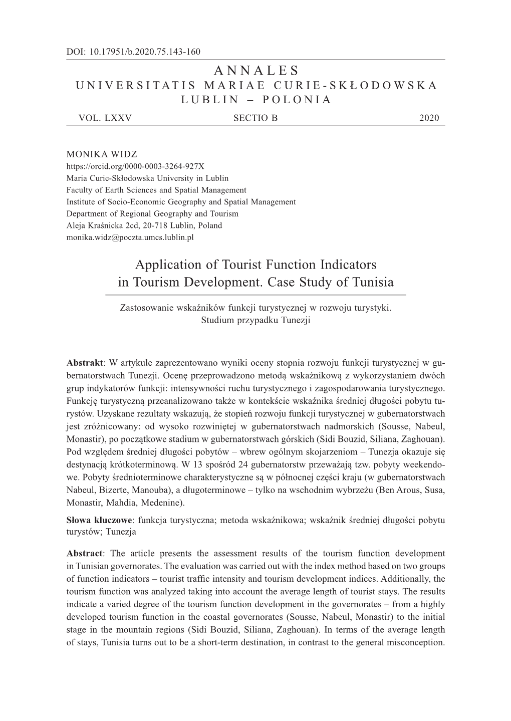 ANNALES Application of Tourist Function Indicators in Tourism