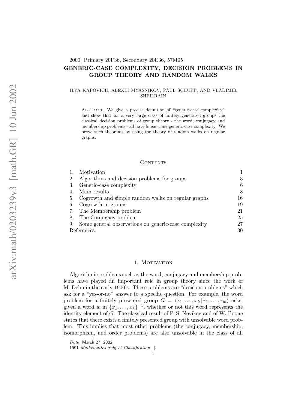 Arxiv:Math/0203239V3 [Math.GR] 10 Jun 2002 S O Yso-O Nwrt Pcﬁ Usin O Examp Group W for Presented the Question