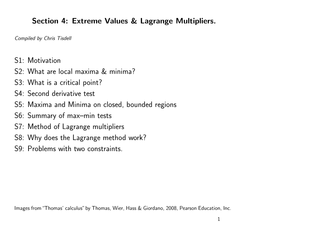 Section 4: Extreme Values & Lagrange Multipliers. S1