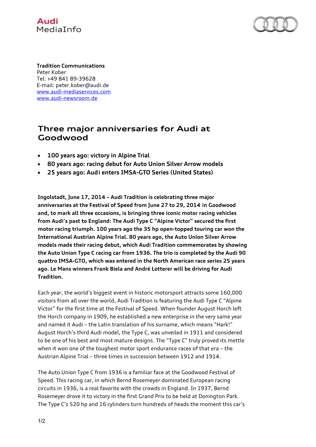 Three Major Anniversaries for Audi at Goodwood