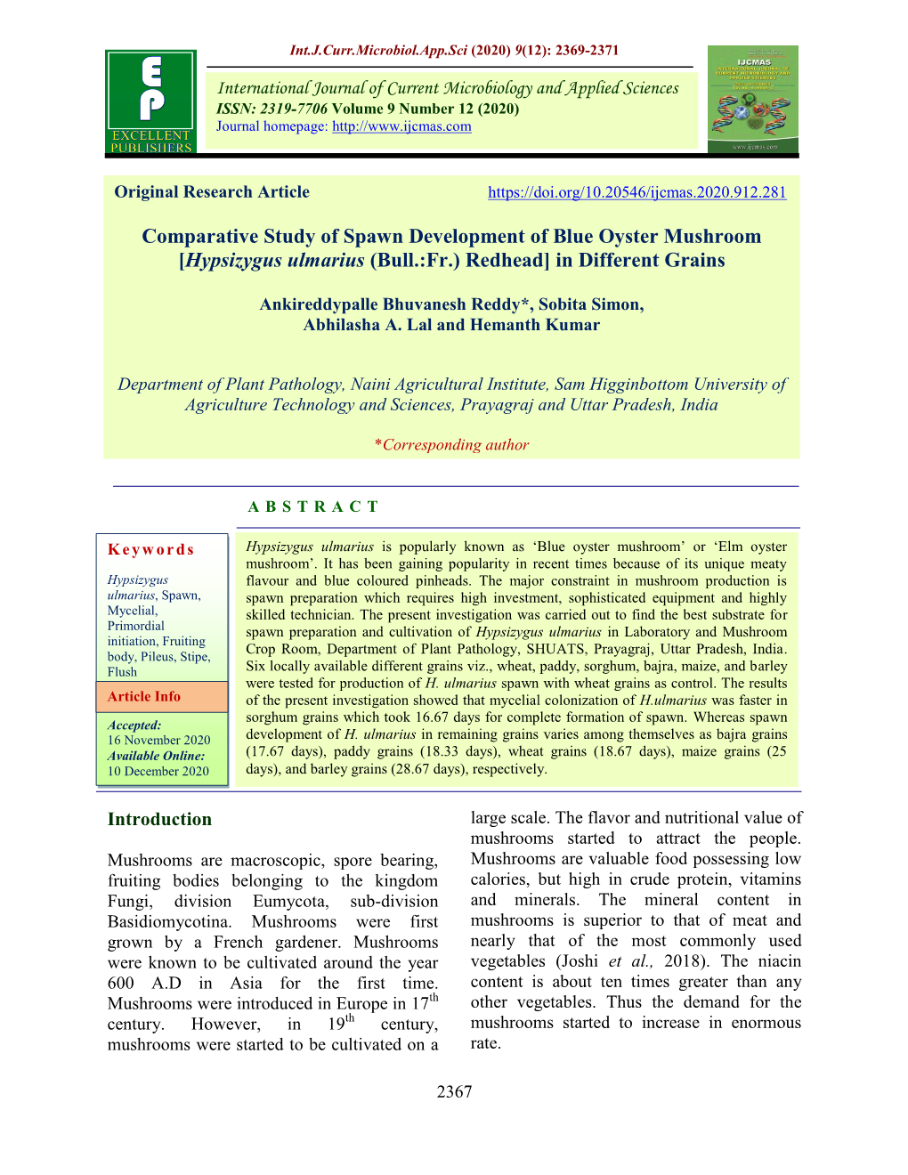 Comparative Study of Spawn Development of Blue Oyster Mushroom [Hypsizygus Ulmarius (Bull.:Fr.) Redhead] in Different Grains