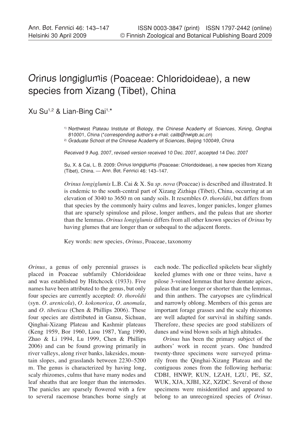 Orinus Longiglumis (Poaceae: Chloridoideae), a New Species from Xizang (Tibet), China