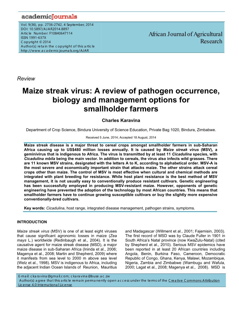 Maize Streak Virus: a Review of Pathogen Occurrence, Biology and Management Options for Smallholder Farmers