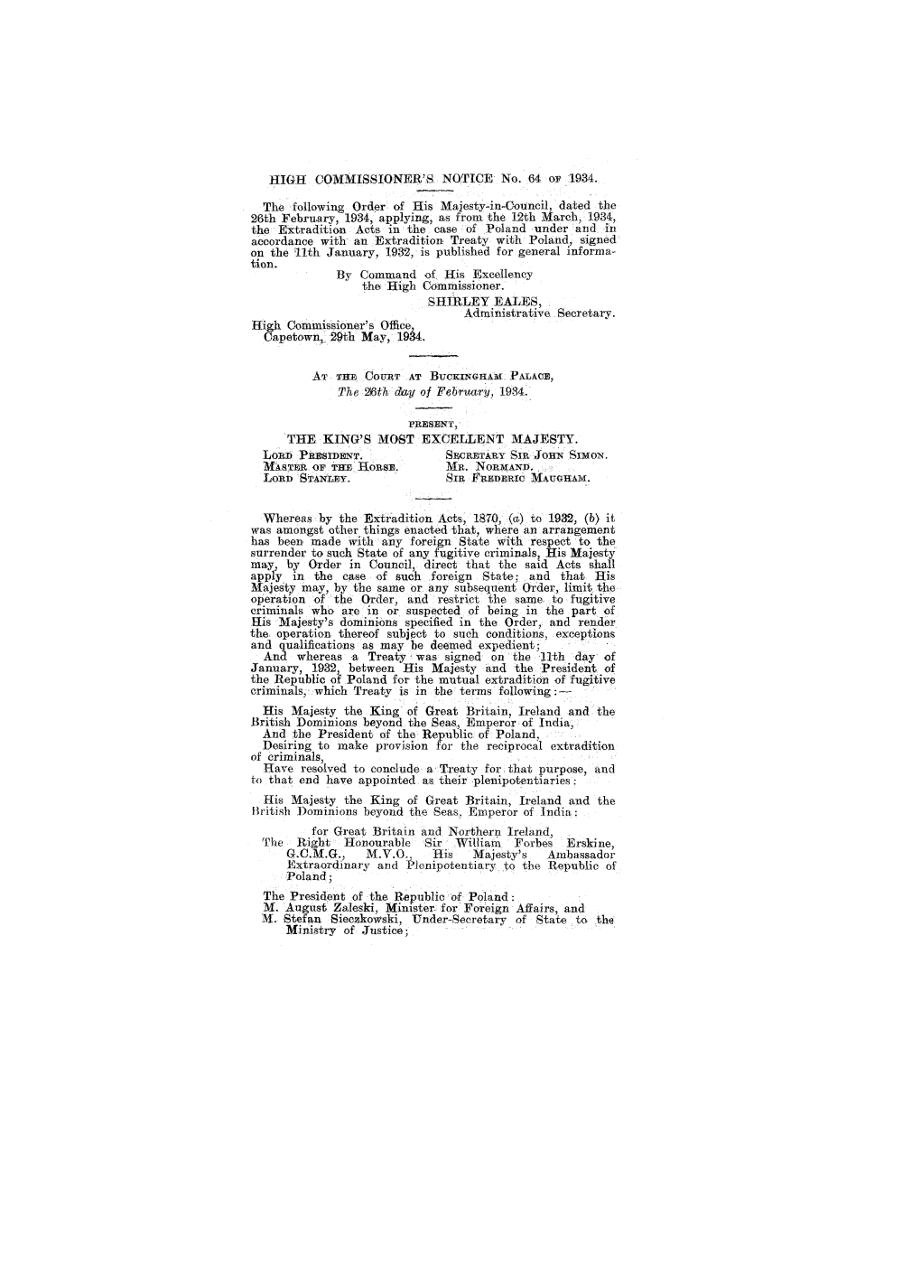 HIGH COMMISSIONER's NOTICE No. 64 of 1934. the Following Order
