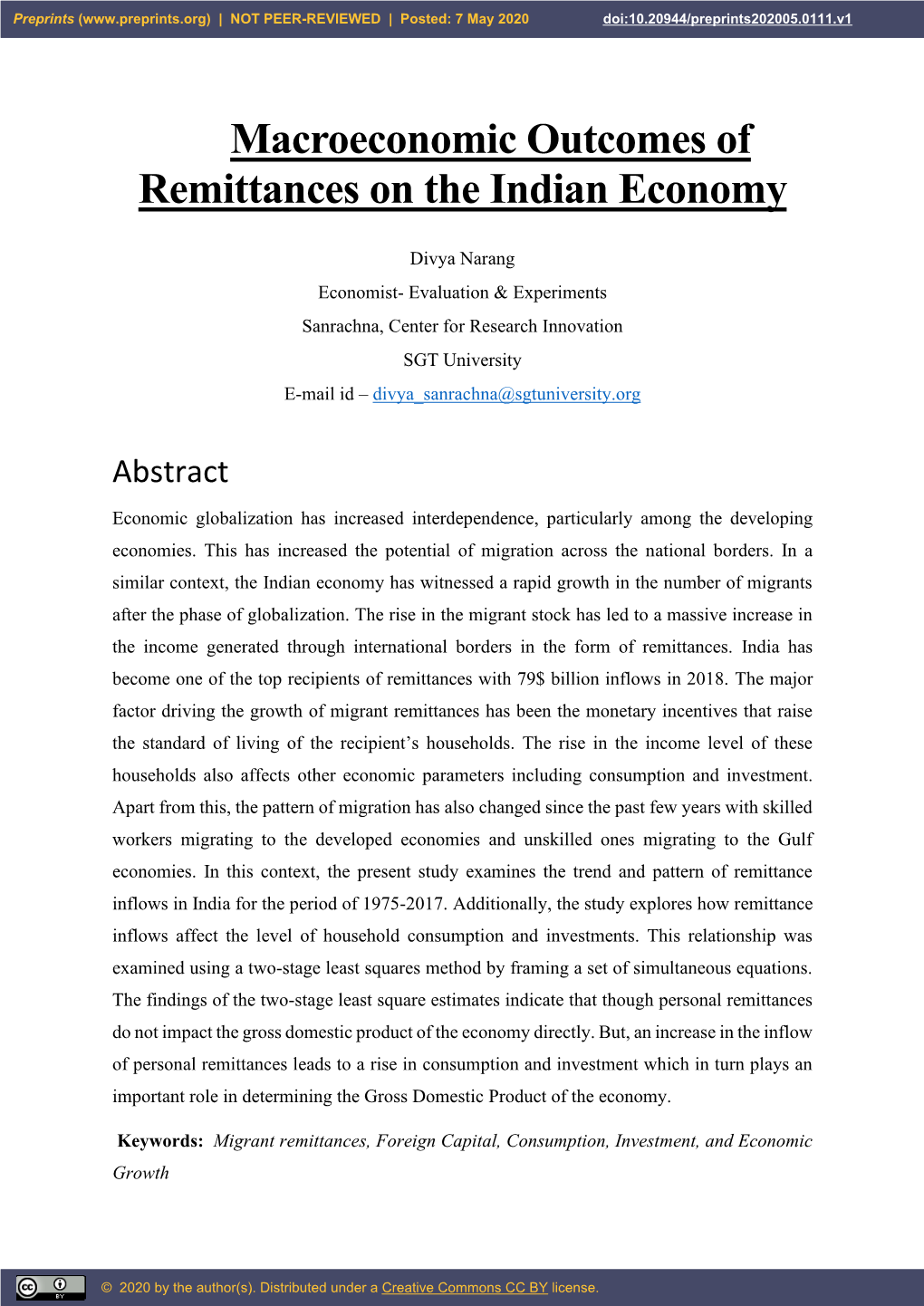 Macroeconomic Outcomes of Remittances on the Indian Economy