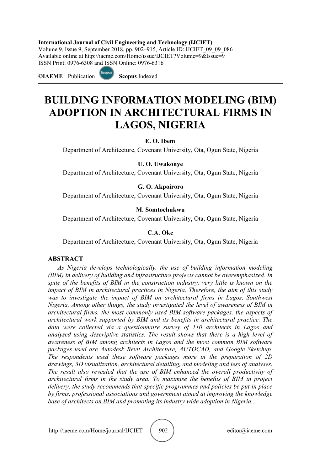 Building Information Modeling (Bim) Adoption in Architectural Firms in Lagos, Nigeria
