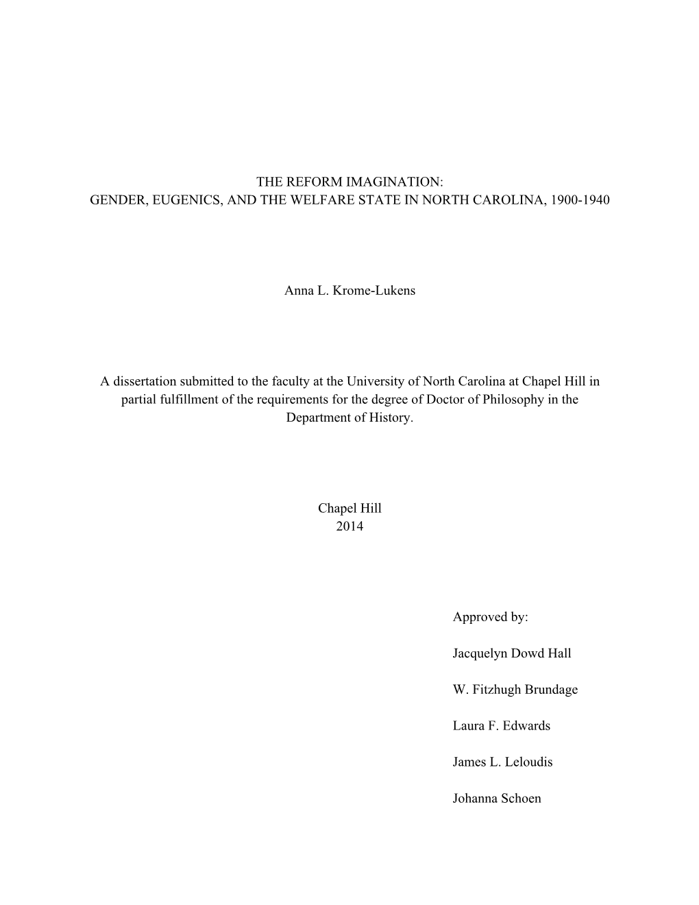 Gender, Eugenics, and the Welfare State in North Carolina, 1900-1940