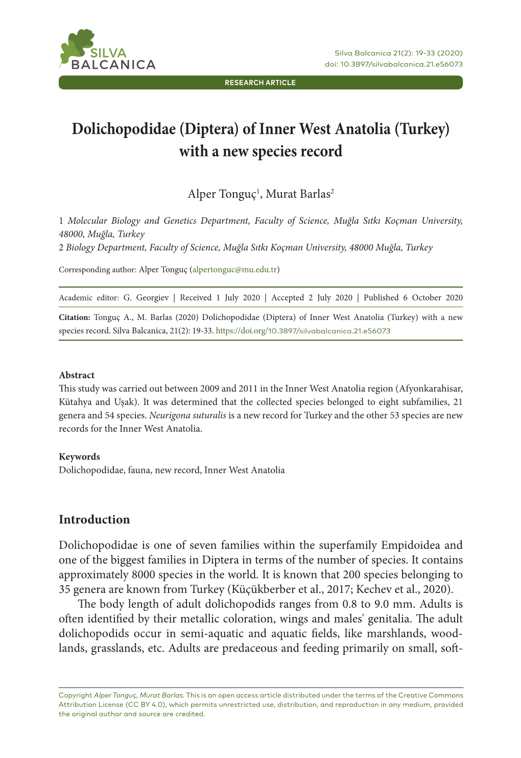 Diptera) of Inner West Anatolia (Turkey) with a New Species Record