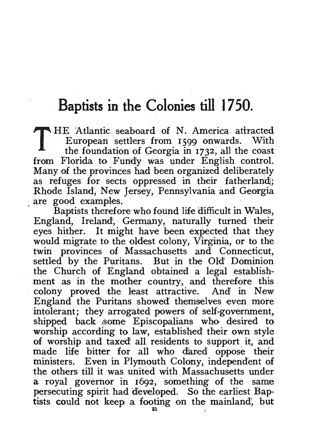 Baptists in the Colonies Till 1750