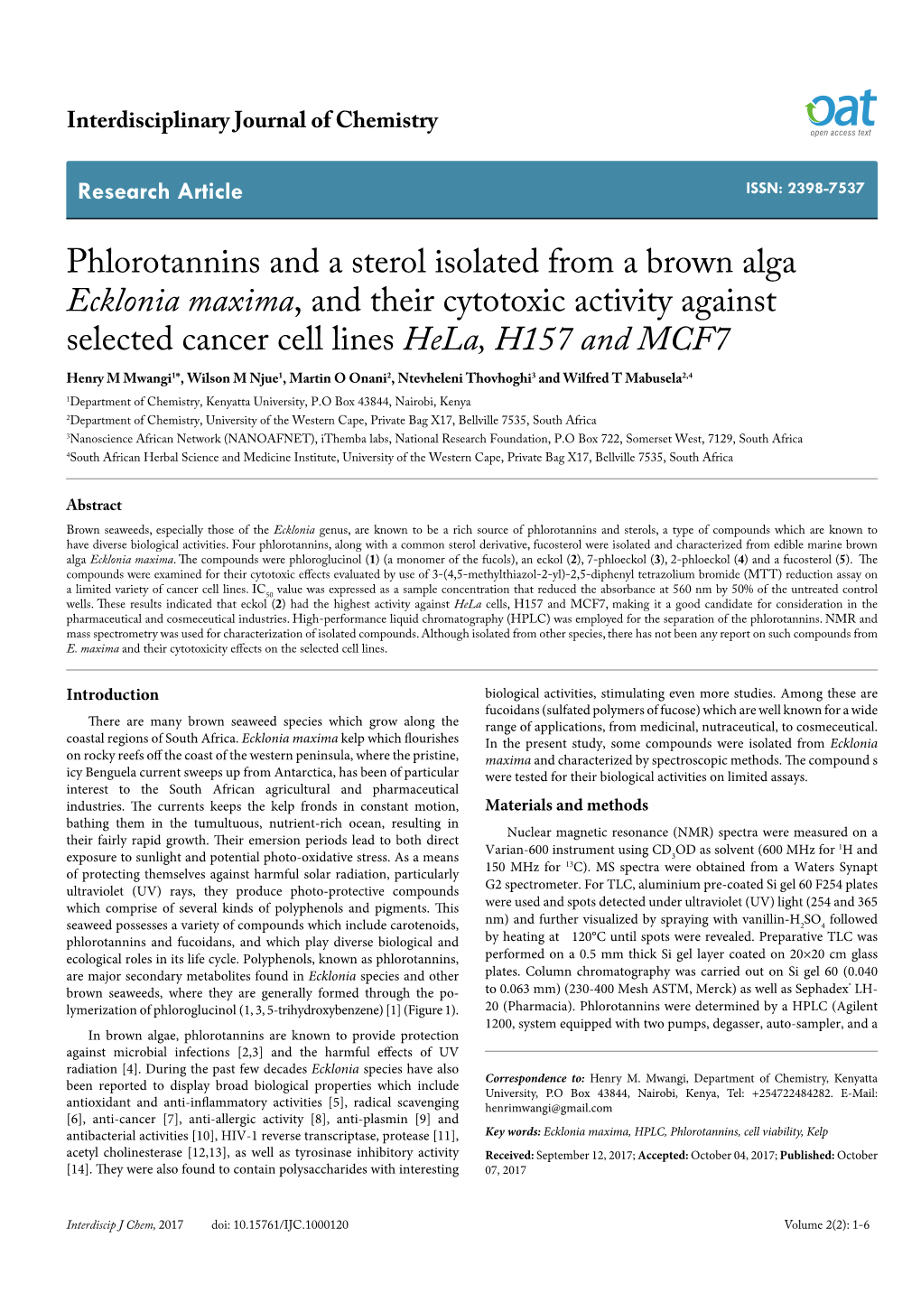 Phlorotannins and a Sterol Isolated from a Brown Alga Ecklonia Maxima, and Their Cytotoxic Activity Against Selected Cancer Cell