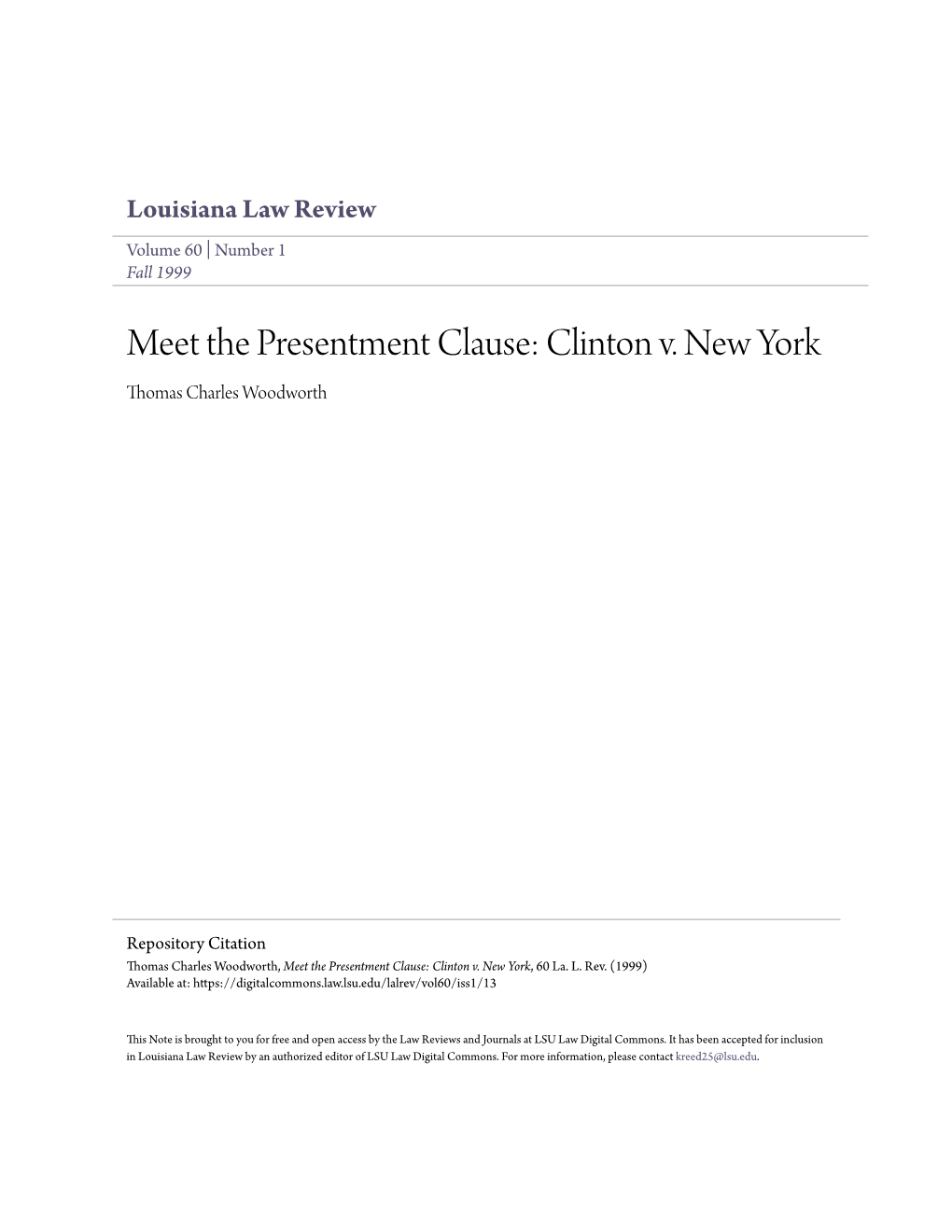 Meet the Presentment Clause: Clinton V. New York Thomas Charles Woodworth