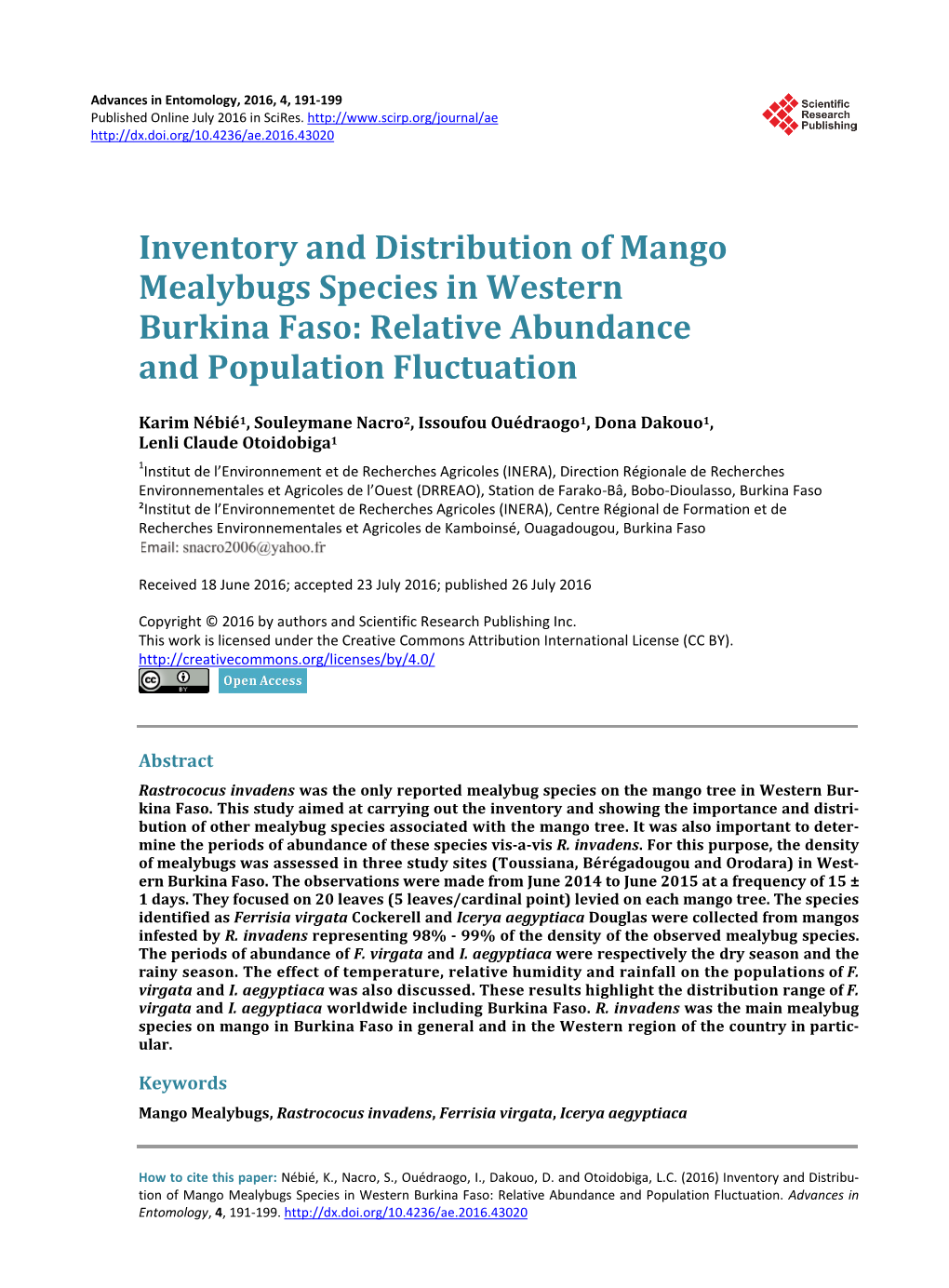 Inventory and Distribution of Mango Mealybugs Species in Western Burkina Faso: Relative Abundance and Population Fluctuation