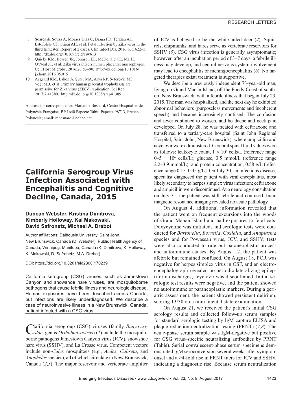 California Serogroup Virus Infection Associated with Encephalitis and Cognitive Decline, Canada, 2015*