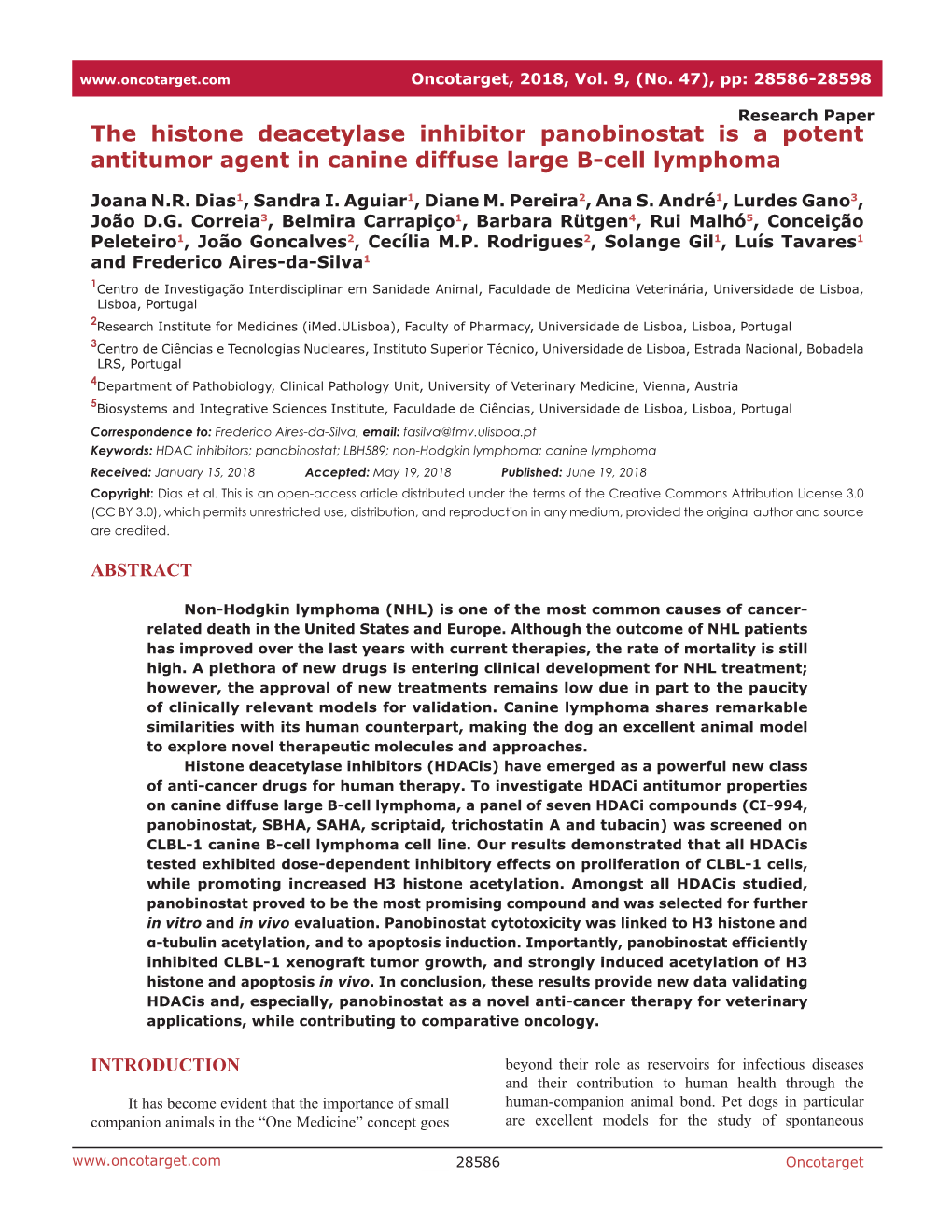 The Histone Deacetylase Inhibitor Panobinostat Is a Potent Antitumor Agent in Canine Diffuse Large B-Cell Lymphoma