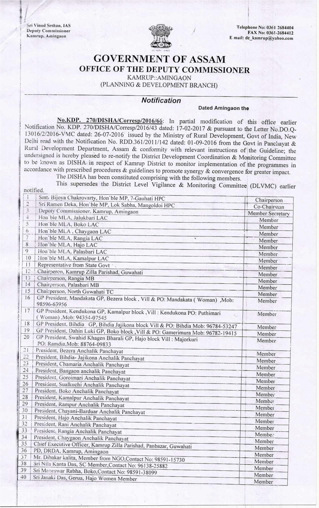 Government of Assam Office of the Deputy Commissioner Icamrup::Amingaon (Planning & Development Branch)