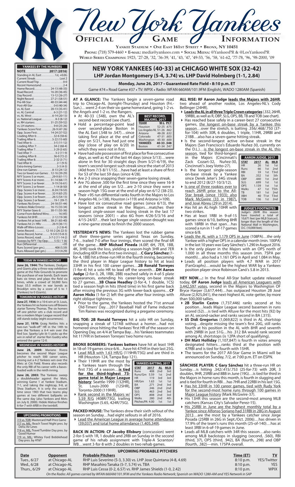 NYY Game Notes