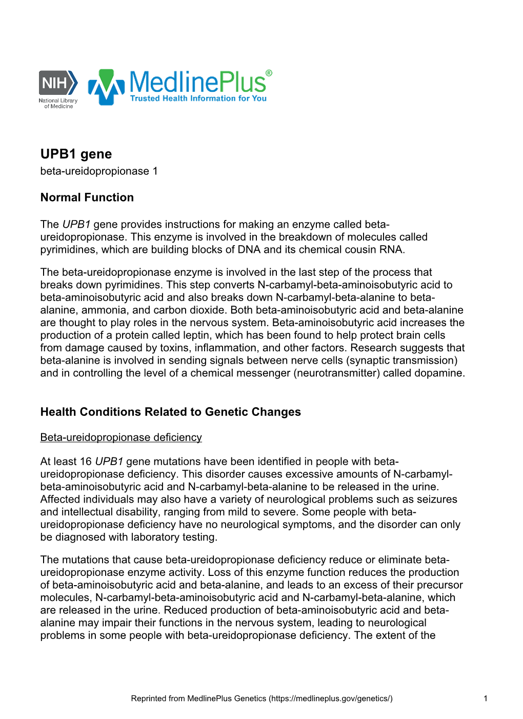 UPB1 Gene Beta-Ureidopropionase 1