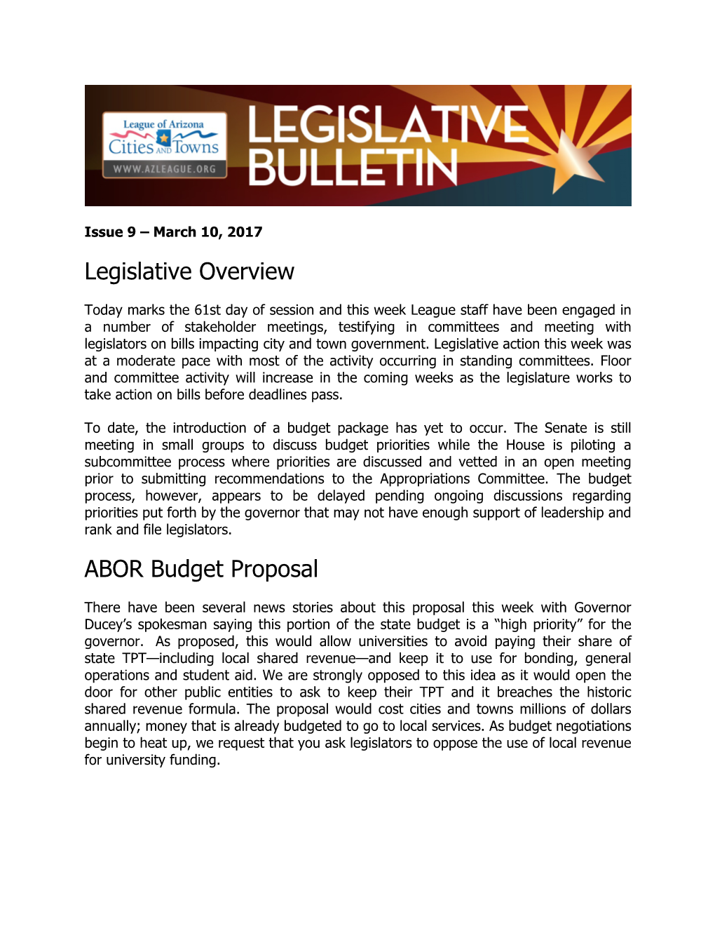 Legislative Overview ABOR Budget Proposal