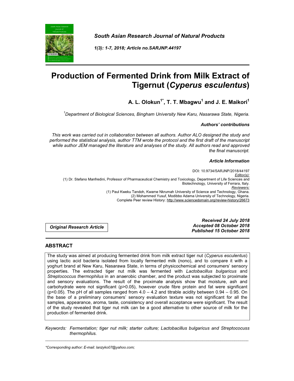 Production of Fermented Drink from Milk Extract of Tigernut (Cyperus Esculentus)