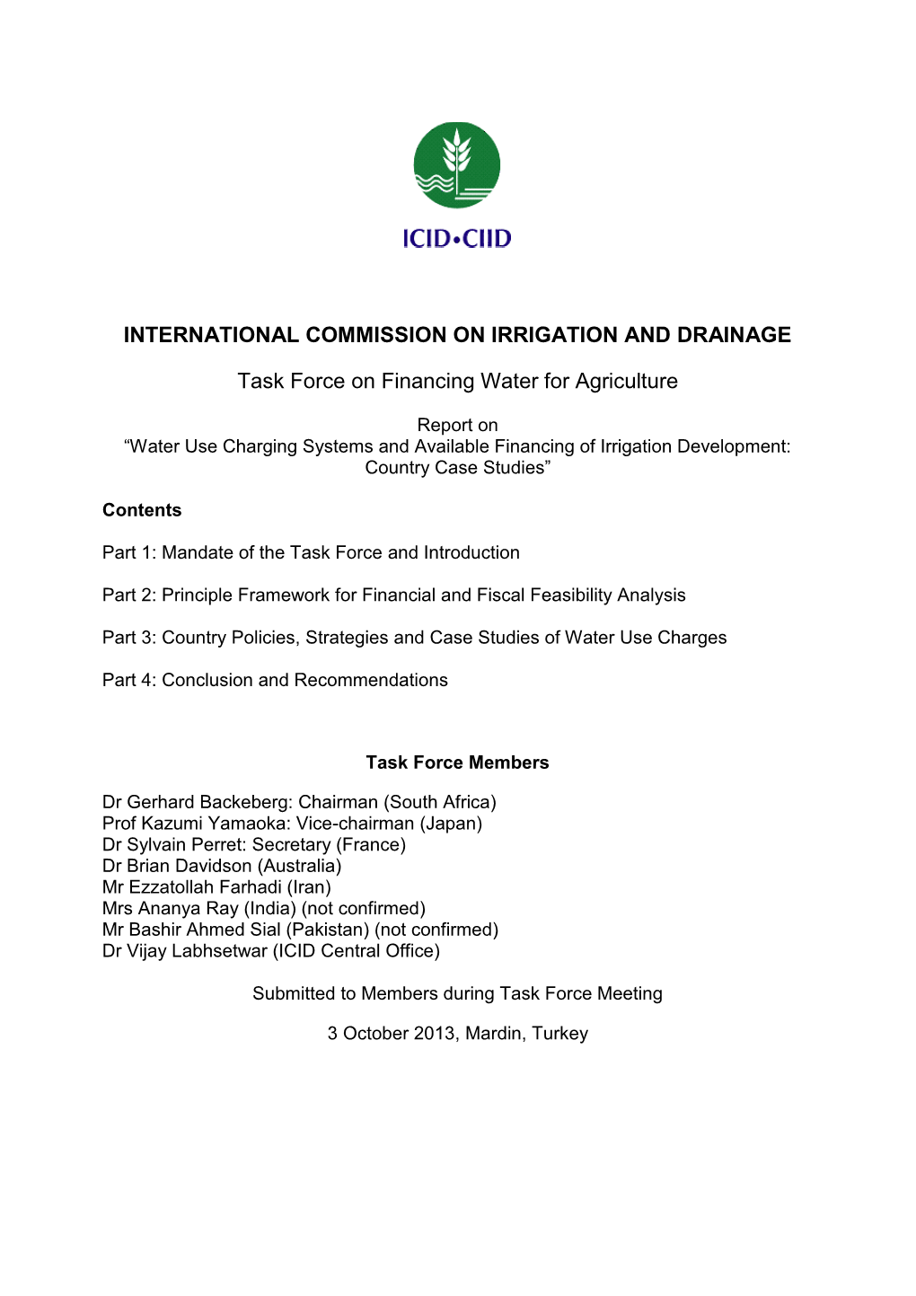 INTERNATIONAL COMMISSION on IRRIGATION and DRAINAGE Task