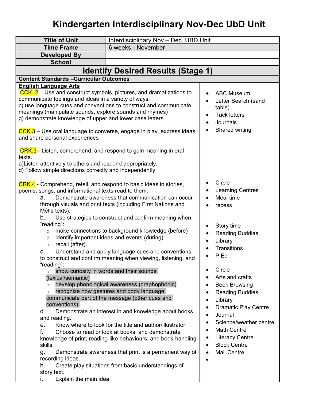 Kindergarten Interdisciplinary Nov-Dec Ubd Unit