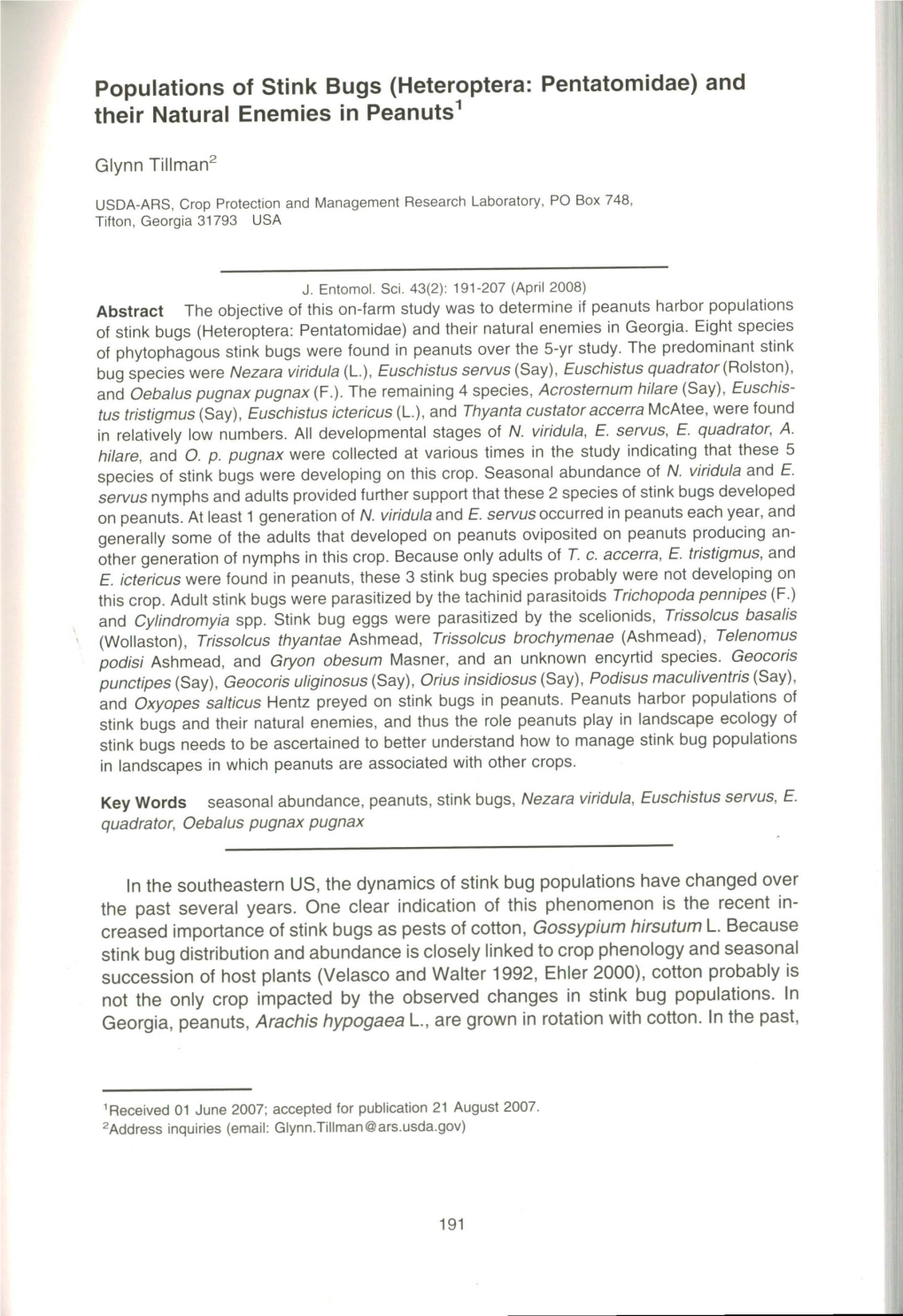 Populations of Stink Bugs (Heteroptera: Pentatomidae) and Their Natural Enemies in Peanuts