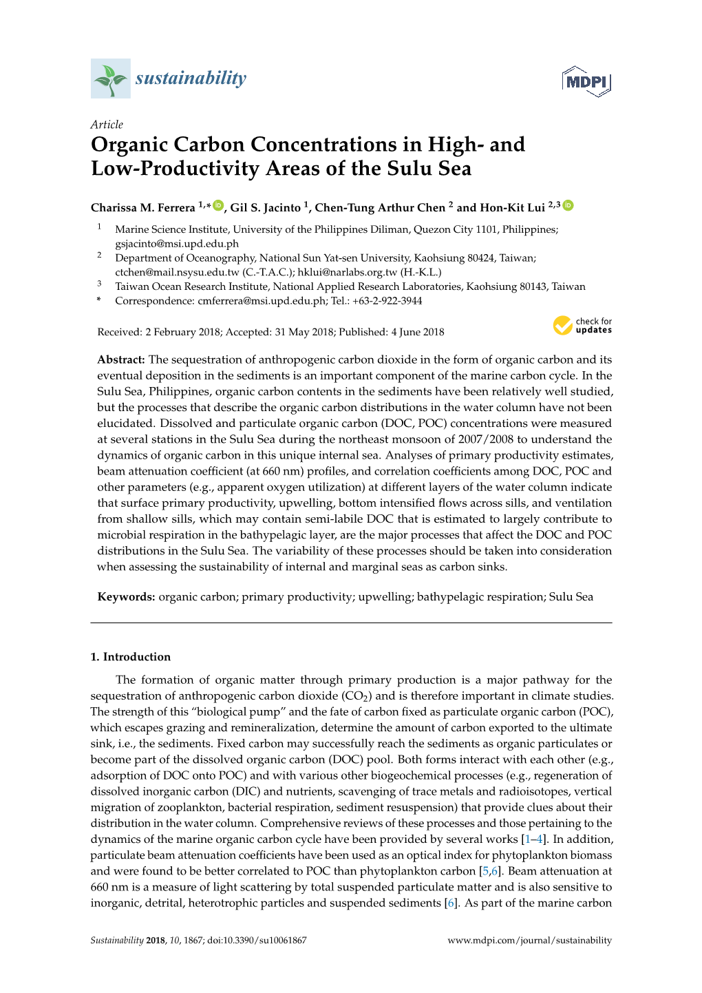 Organic Carbon Concentrations in High- and Low-Productivity Areas of the Sulu Sea