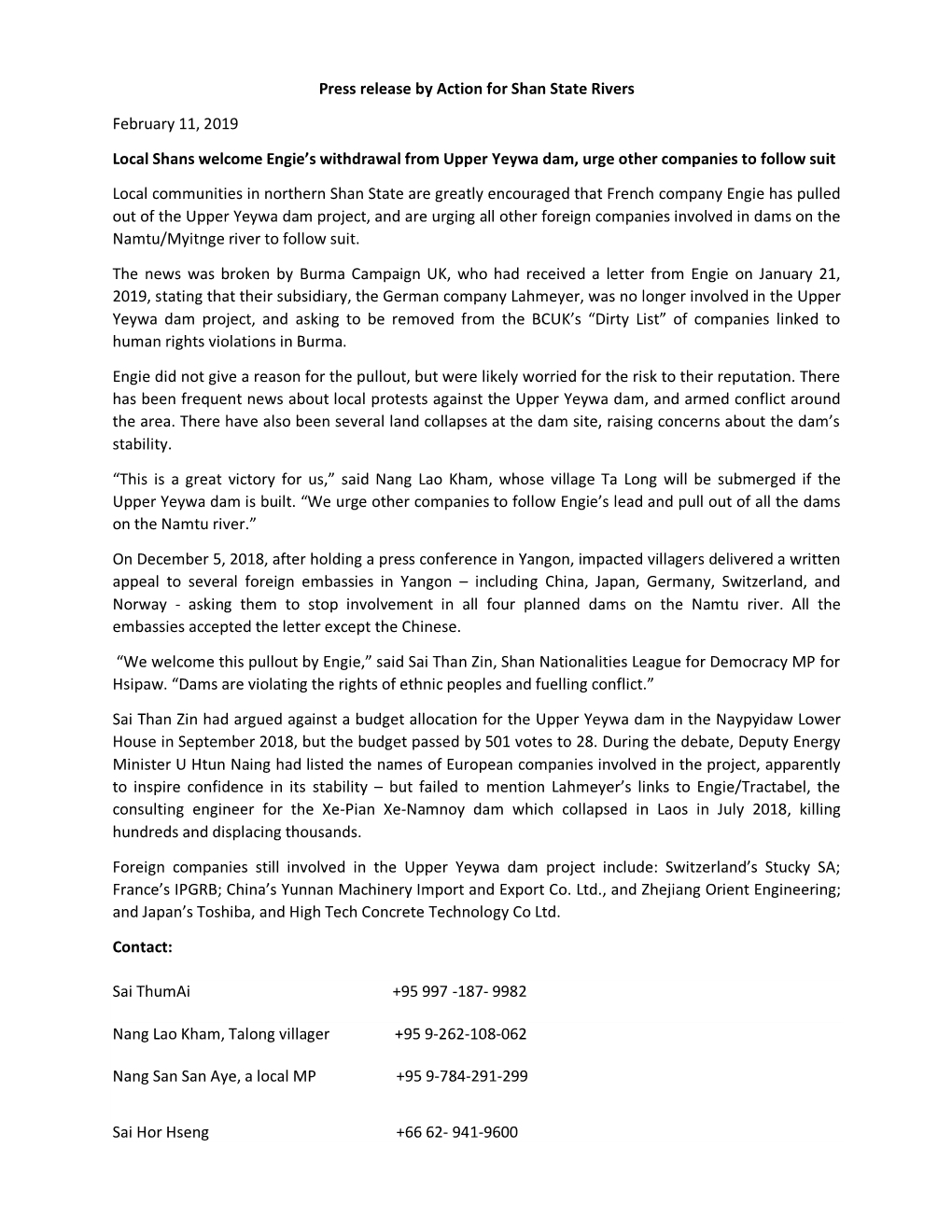Press Release by Action for Shan State Rivers February 11, 2019 Local