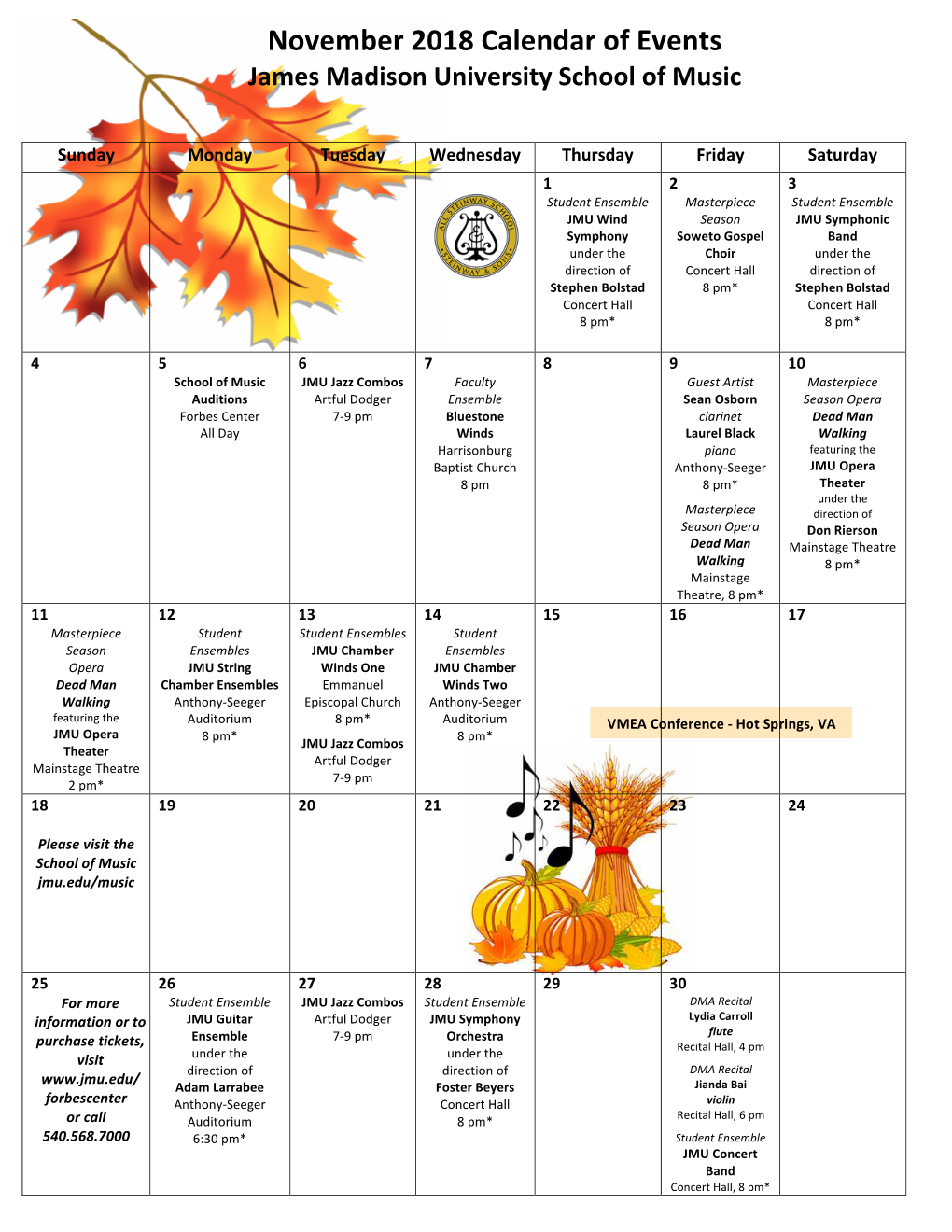 November 2018 Calendar of Events James Madison University School of Music