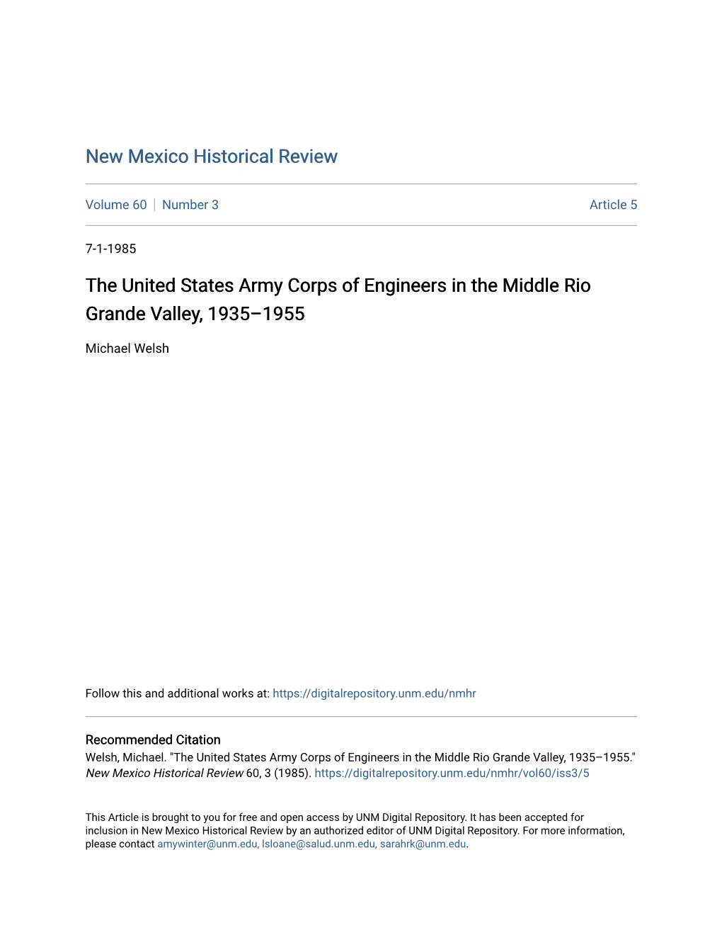 The United States Army Corps of Engineers in the Middle Rio Grande Valley, 1935–1955